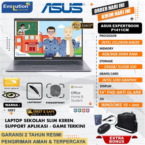 Jual Laptop Sekolah Asus Expertbook P1411cm Intel N4020 Ram 8gb Ssd