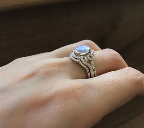 Oval Moonstone Bridal Set Ring Rainbow Moonstone Engagement Ring Art Deco Engagament Ring