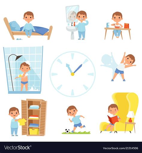 Daily Routine Kids Making Various Cases In All Day Vector Child Daily