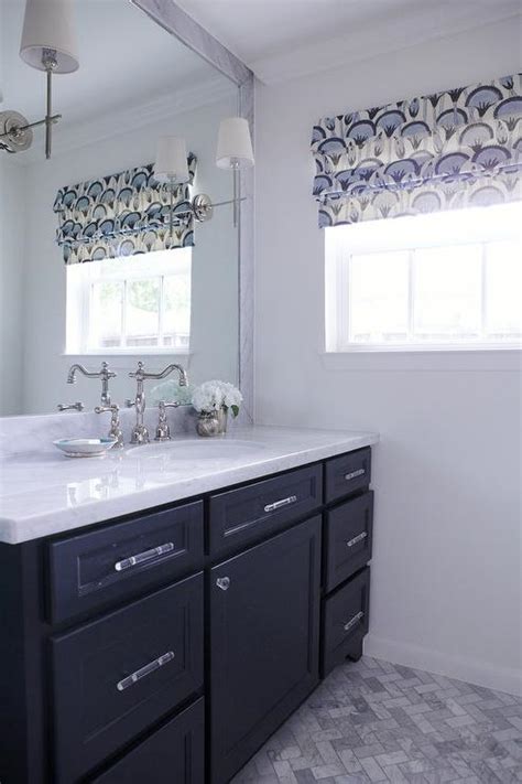 His and hers navy blue vanity with gold hardware and polished chrome fixtures. Dark Blue Bathroom Vanity - Transitional - Bathroom