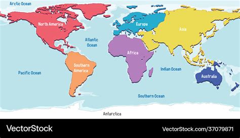 World Map With Continents Names And Oceans Vector Image