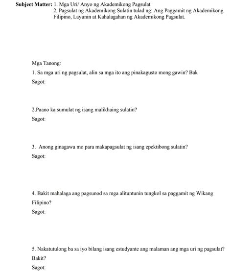 Solved Pagsulat Sa Filipino Sa Piling Larangan Subject Matter 1