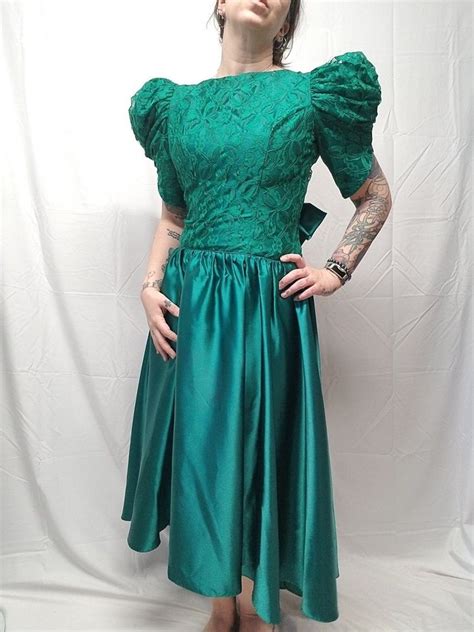 vtg 80s green satin lace huge poofy sleeve x back bow formal prom dress modern 6 unbranded