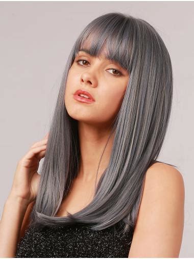 Grey Wig With Highlights 16 Inches Straight Synthetic Bob Wig With