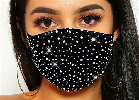 New Breathable Fashion Black Face Mask Crystal Rhinestone Glitter