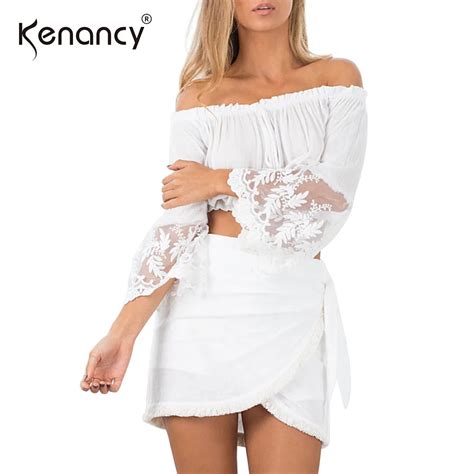 Kenancy Sexy Slash Neck Hollow Out Lace Patchwork Long Sleeves Dress Suit Lady Exposed Waist