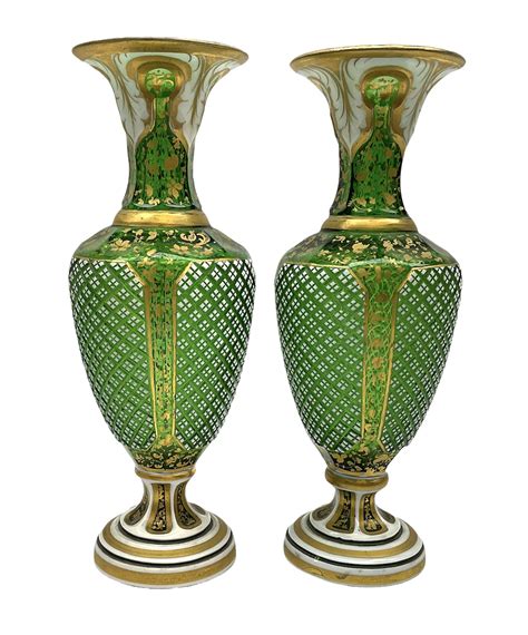 Pair Of Bohemian Green Glass Vases Overlaid In White With Leaf Panels