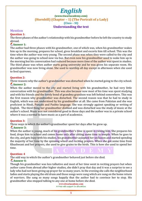 Ncert Solutions For Class 11 English Chapter 1 The Portrait Of A Lady