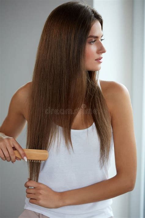 Hair Care Beautiful Female Hair Brushing Long Hair With Brush Stock
