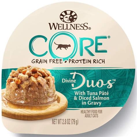 The wellness core focuses on both quality and huh quantities of protein in the right amount. Wellness CORE Divine Duos Tuna Pate and Diced Salmon Grain ...