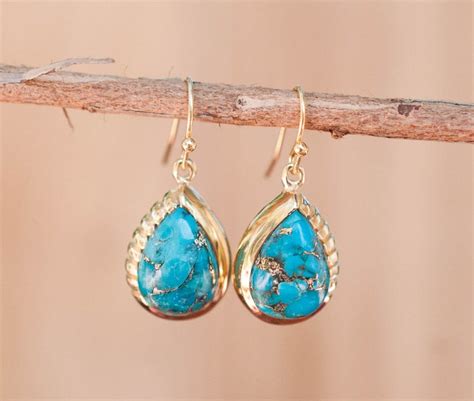 Copper Turquoise Earrings Gold Plated K Dangle Gemstone Etsy