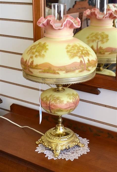 Hand painted bridal roses design parlor lamp | antique lamp supply. Signed Burmese Fenton Lamp Hand Painted by Janet Sindledecke