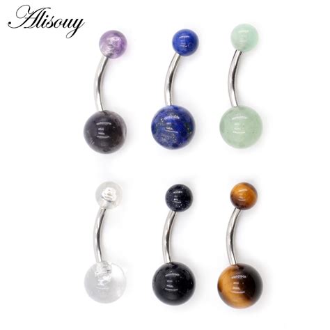 Alisouy 1pc Nature Stone Piercing Navel Surgical Steel Belly Button Rings Navel Piercing Ombligo