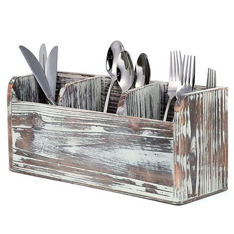 3 Compartment Rustic Torched Wood Utensil Holder Flatware Caddy And