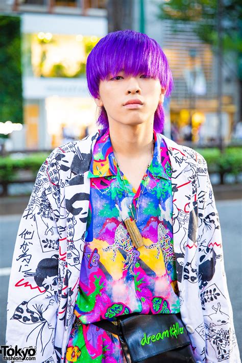 Purple Haired Harajuku Guy In Mixed Prints Kobinai Japan Streetwear Style Tokyo Fashion