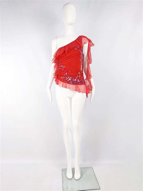 Emanuel Ungaro Vintage Red Ruched And Ruffled Silk Party Top 2000s