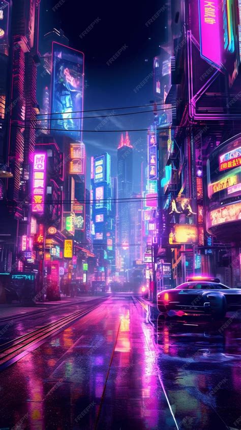 Premium Ai Image Neon City Street Scene With Cars And Neon Signs At