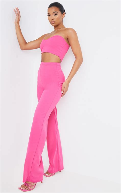 Hot Pink Crepe High Waisted Wide Leg Trousers Prettylittlething