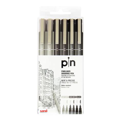 Uni Pin Fine Line Pens 6 Set Grey And Black Markers N Pens