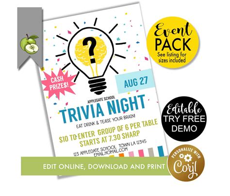 Trivia Event Editable Trivia Night Printable Pta Pto Flyer Quiz