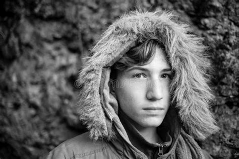 Serious Boy Portrait With Winter Clothings Black And White Photo