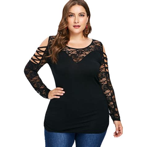 wipalo plus size cold shoulder women blouse sexy lattice lace sleeve hollow out patchwork shirts