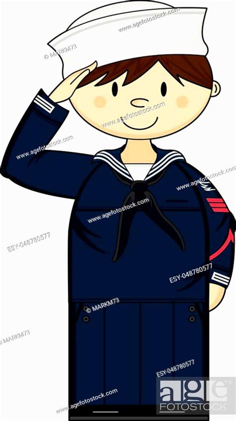 Cute Cartoon Little Navy Sailor Saluting Vector Illustration Stock