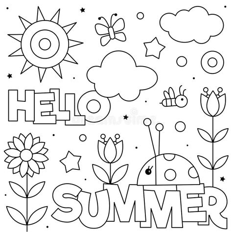 Hello Summer Coloring Page Black And White Vector Illustration Stock