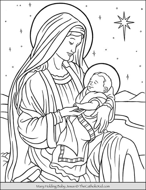 Mary With Baby Jesus In Bethlehem Coloring Page
