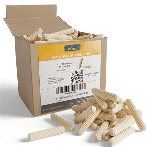ALBO Wooden Dowel Pins 1/2 x 2 inch Fluted Wood Dowels Rods 100 Pack