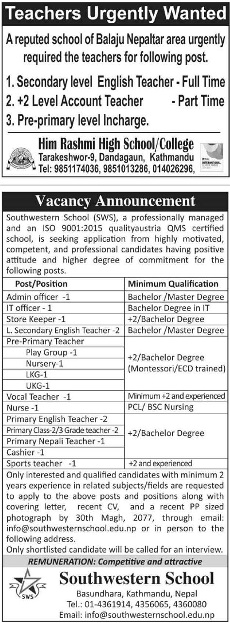 Teacher Wanted Teacher Staff Job Vacancy Notice By Various School