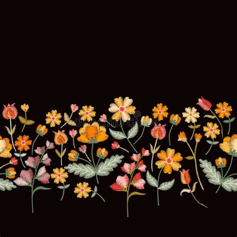 Vector Embroidery Border With Cute Wild Flowers Seamless Floral