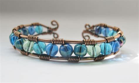Copper Wire Wrapped Cuff Bracelet In Shades Of The Sea Etsy Silver