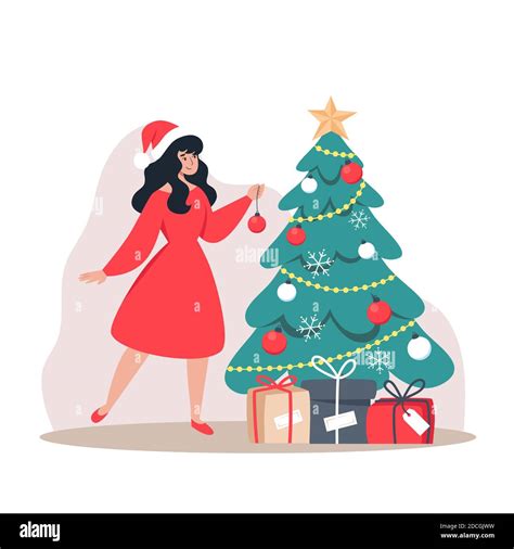 Girl In Red Dress Decorates Christmas Tree Vector Illustration In Flat