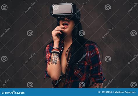 Tattooed Girl Wearing A Red Unbuttoned Checked Shirt Wearing A Vr Headset Stock Image Image