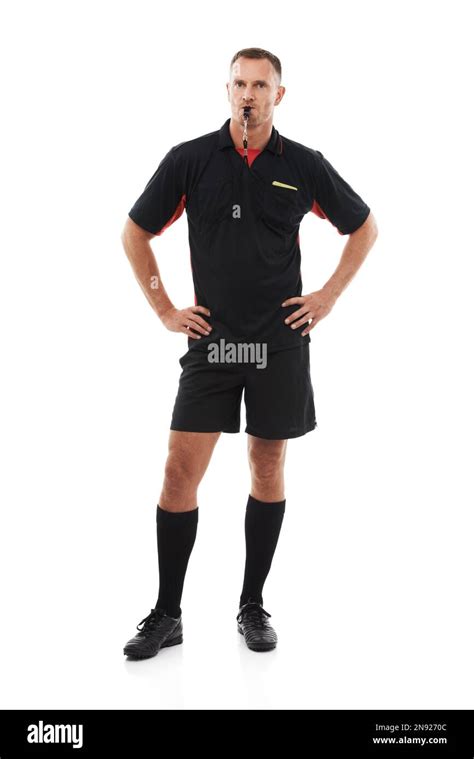 Referee Man Portrait And Blowing Whistle Angry With Soccer Foul And