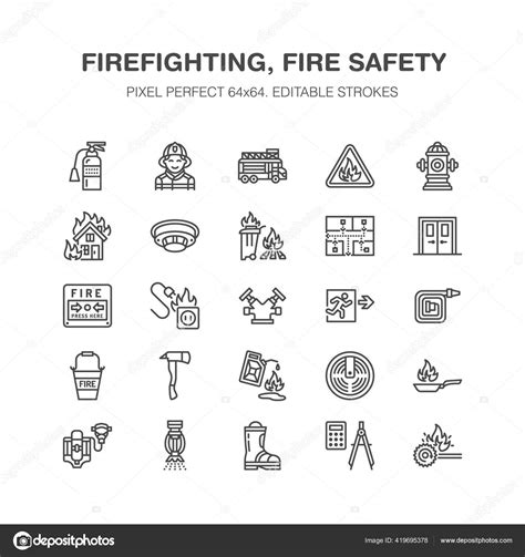 총격전 아이콘 소방차 소화기 감지기 소방관 플라이트 보호얇은 64x64 — 스톡 벡터 © Nadiinko 419695378