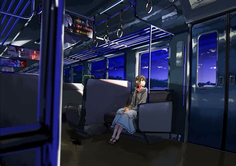 Wallpaper Headphones Digital Art Train Clouds Anime Girls Sunset