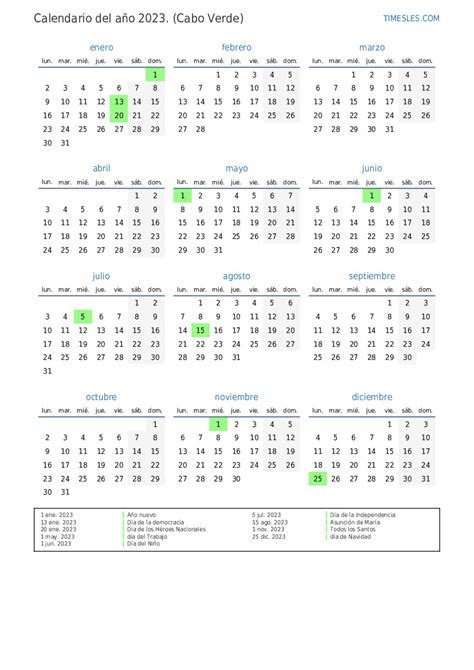 Calendario 2023 Con Días Festivos En Cabo Verde Imprimir Y Descargar