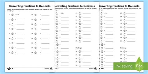 Converting Fractions To Decimals Worksheets Math Resources