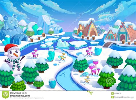 Illustration The Entrance Of The Snow World Snow Man Green Trees And