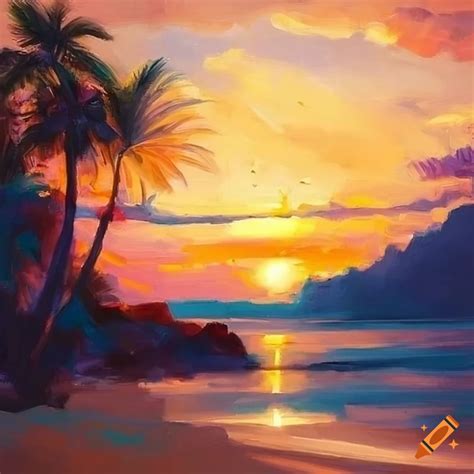 Sunset Painting With Palm Trees And Beach On Craiyon