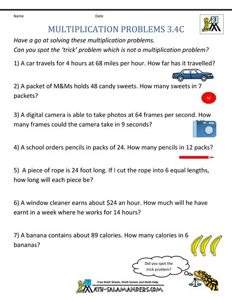 Multiplication Word Problem Worksheets 3rd Grade