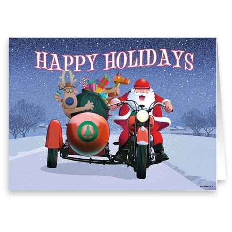 Happy Holidays Santa And His Sidecar Funny Holiday Christmas Cards