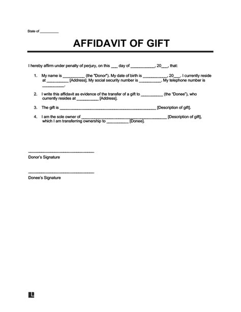 Free Gift Affidavit Template Printable PDF Word