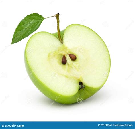 Juicy Half Green Apple Fruit With Leaves Isolated On White Background