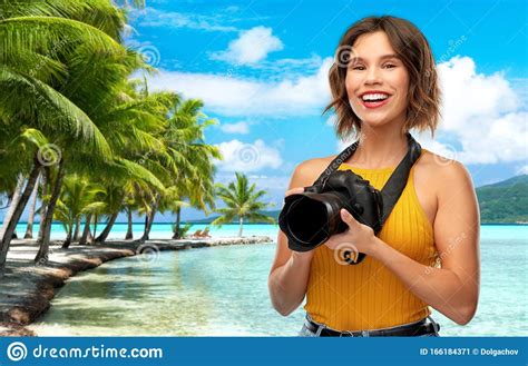 Happy Woman Photographer With Camera On Beach Stock Image Image Of