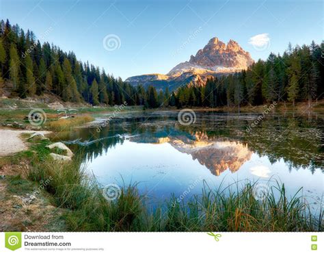 Lake Mountain Landcape With Alps Peak Reflection Lago Antorno Stock