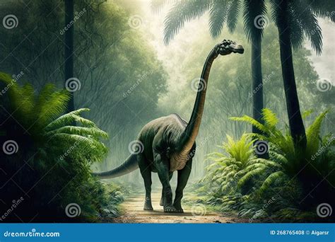 Brontosaurus Walking In A Tropical Forest Stock Illustration