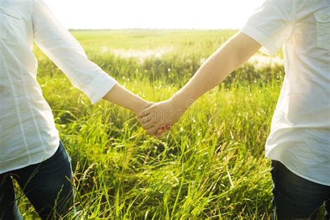 Couple Holding Hands Romantic View Sunlit Field Stock Photos Free